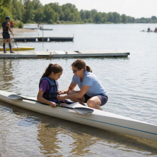 Volunteer helping an athlete into a boat